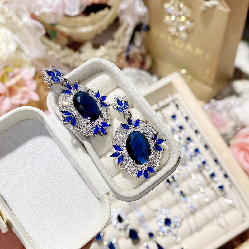 Blue Zircon Four Leaf Clover Stud Earrings, Silver Tone CZ Sapphire Statement Earrings For Women