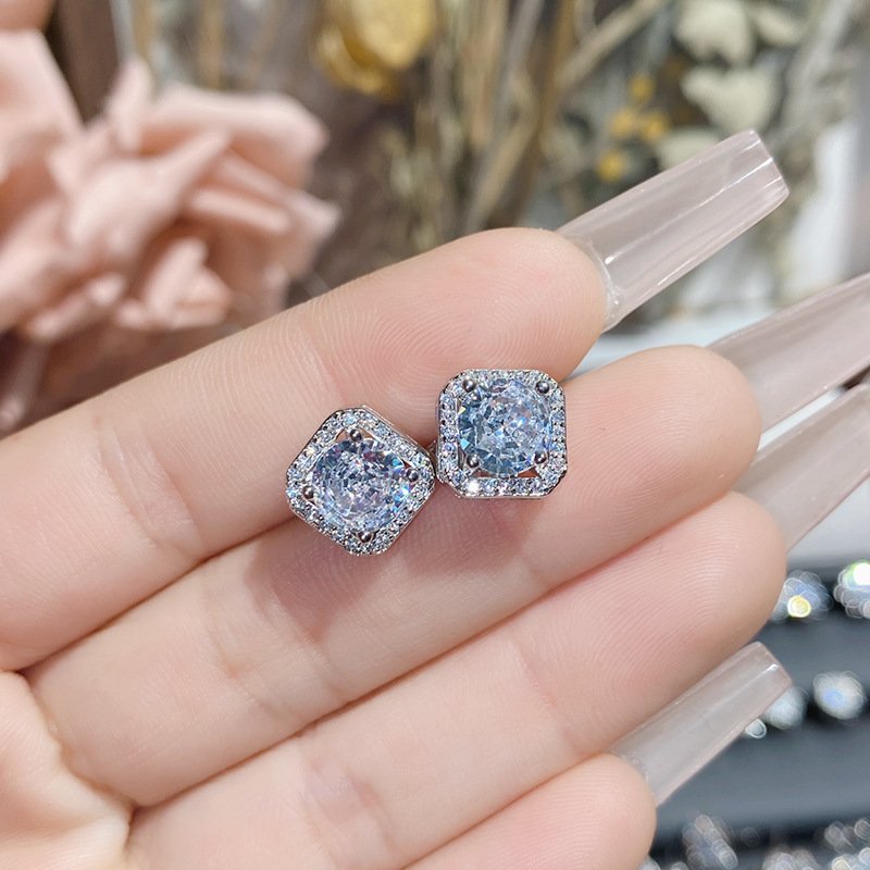 Double C Water Drop Zircon Stud Earrings Silver Tone