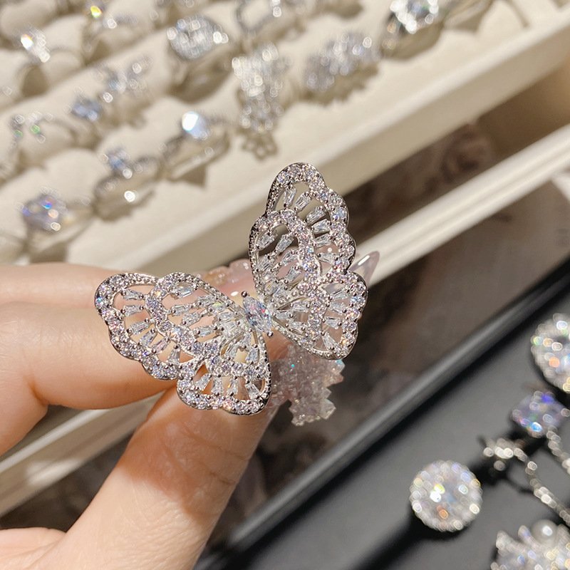 Hollow Silver Butterfly Zircon Ring, Sparkling Cubic Zirconia Statement Ring For Women