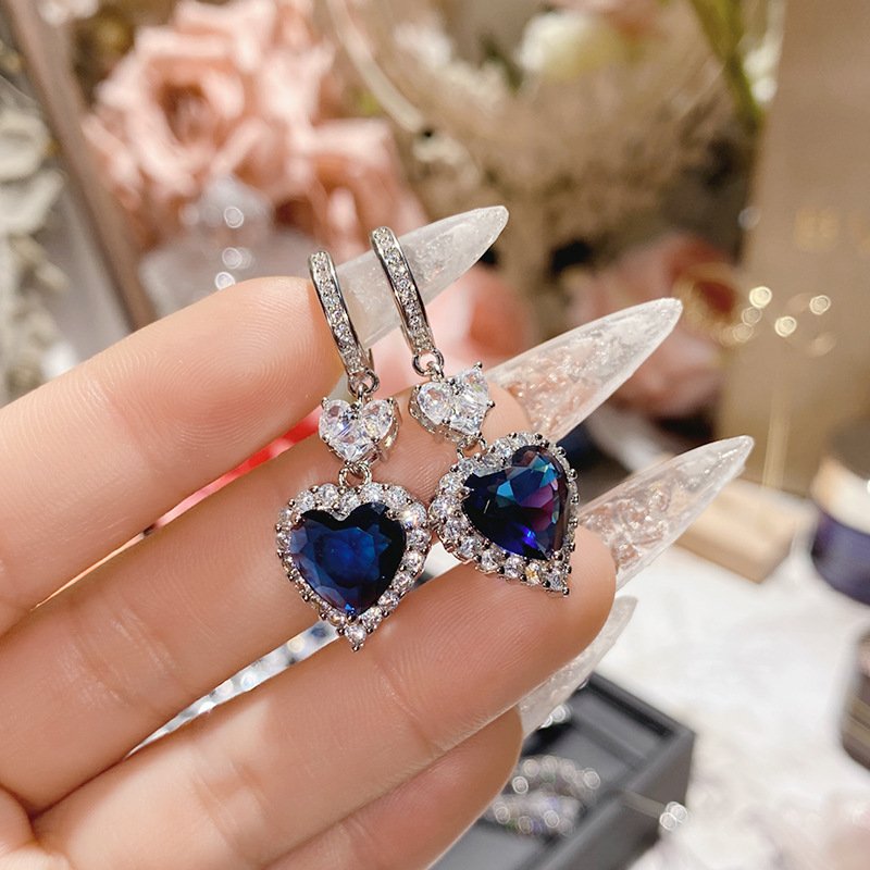 Blue Zircon Four Leaf Clover Stud Earrings, Silver Tone CZ Sapphire Statement Earrings For Women