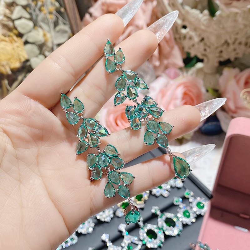 Green Leaf Teardrop Zircon Drop Earrings Silver Tone Hand Close Up