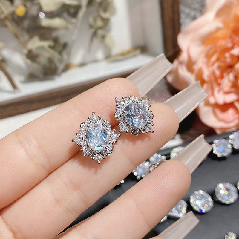 Double C Water Drop Zircon Stud Earrings Silver Tone