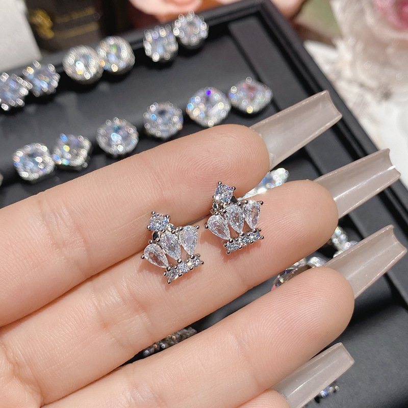 Double C Water Drop Zircon Stud Earrings Silver Tone