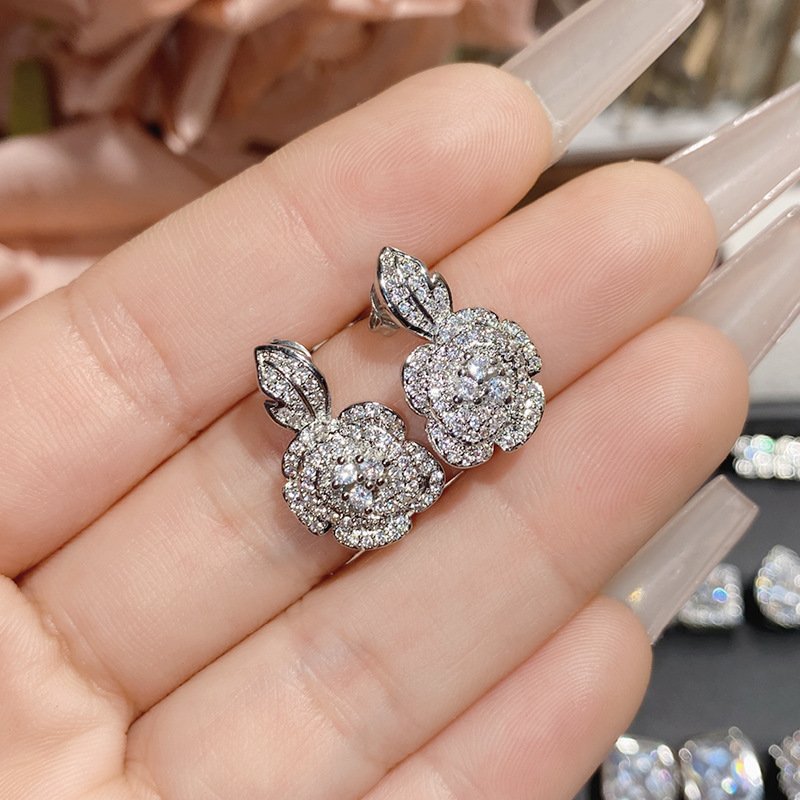 Double C Water Drop Zircon Stud Earrings Silver Tone