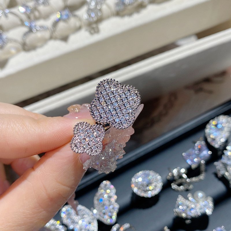 Hollow Silver Butterfly Zircon Ring, Sparkling Cubic Zirconia Statement Ring For Women