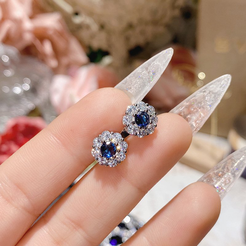 Blue Zircon Four Leaf Clover Stud Earrings, Silver Tone CZ Sapphire Statement Earrings For Women