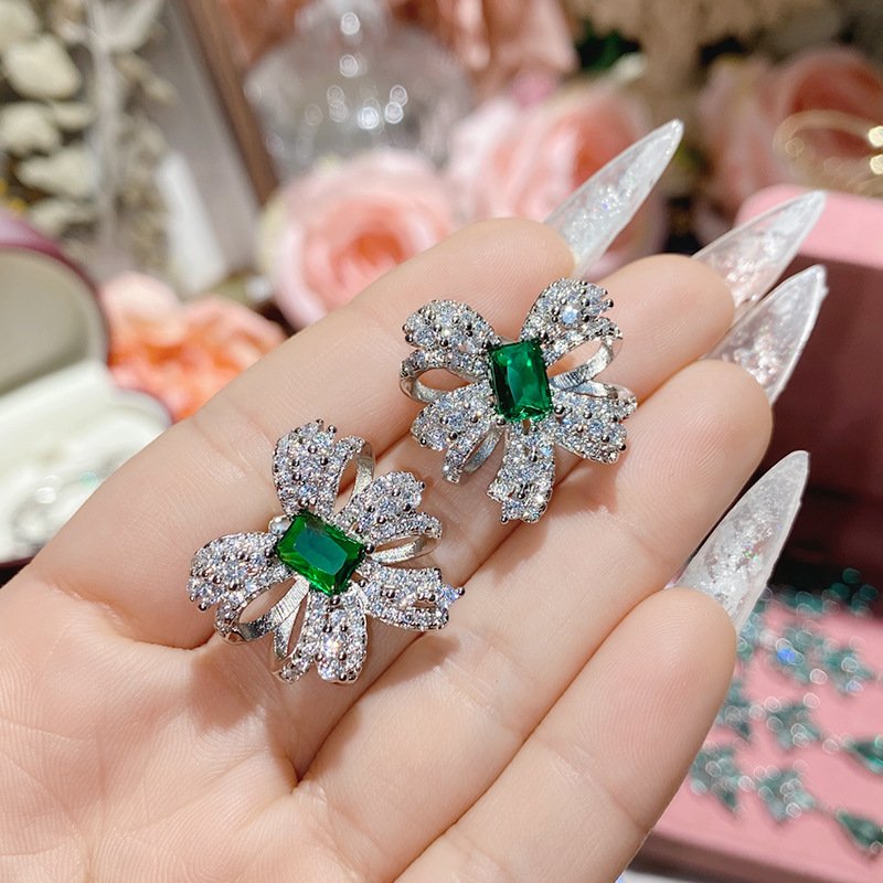 Green Leaf Teardrop Zircon Drop Earrings Silver Tone Hand Close Up