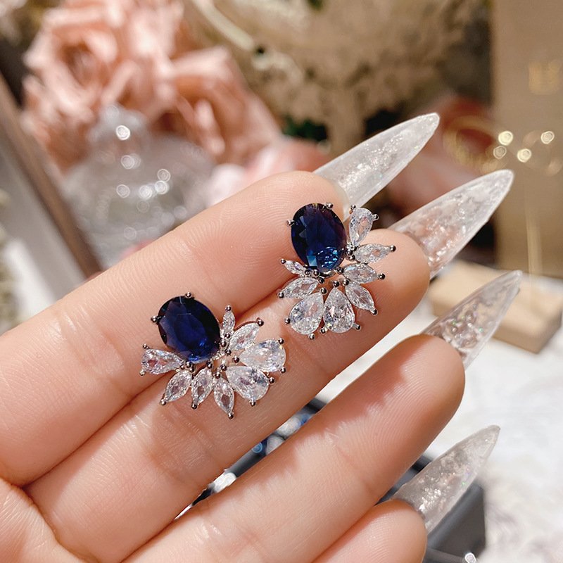 Blue Zircon Four Leaf Clover Stud Earrings, Silver Tone CZ Sapphire Statement Earrings For Women