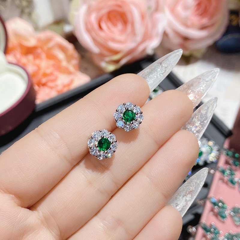 Green Leaf Teardrop Zircon Drop Earrings Silver Tone Hand Close Up
