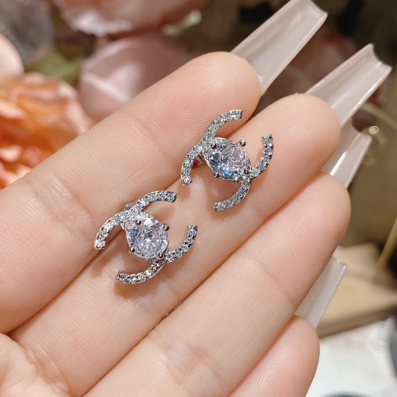 Double C Water Drop Zircon Stud Earrings Silver Tone