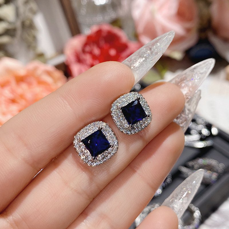 Blue Zircon Four Leaf Clover Stud Earrings, Silver Tone CZ Sapphire Statement Earrings For Women