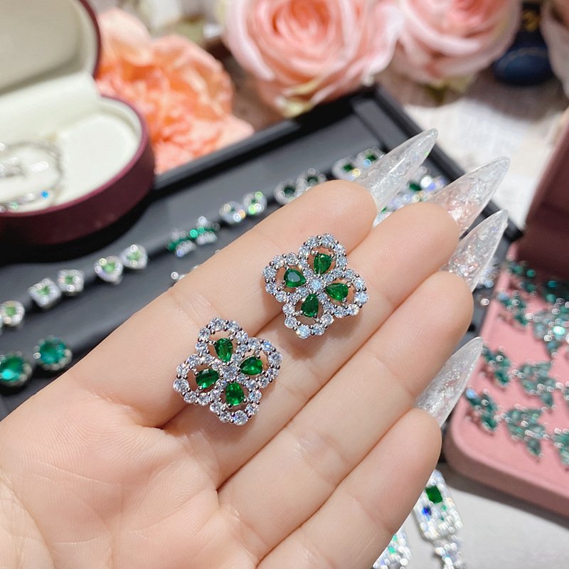 Green Leaf Teardrop Zircon Drop Earrings Silver Tone Hand Close Up