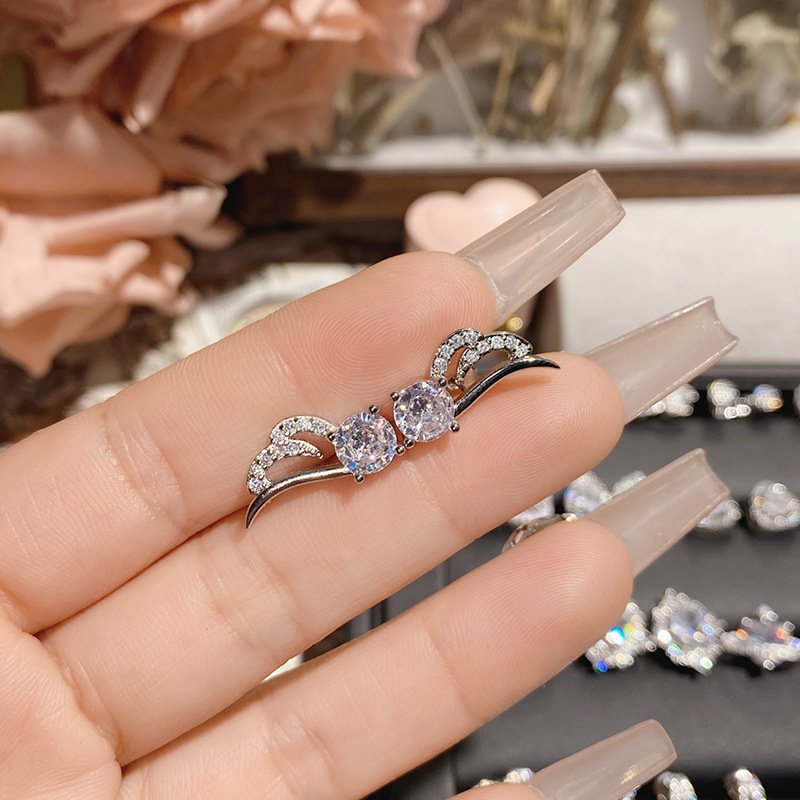 Double C Water Drop Zircon Stud Earrings Silver Tone