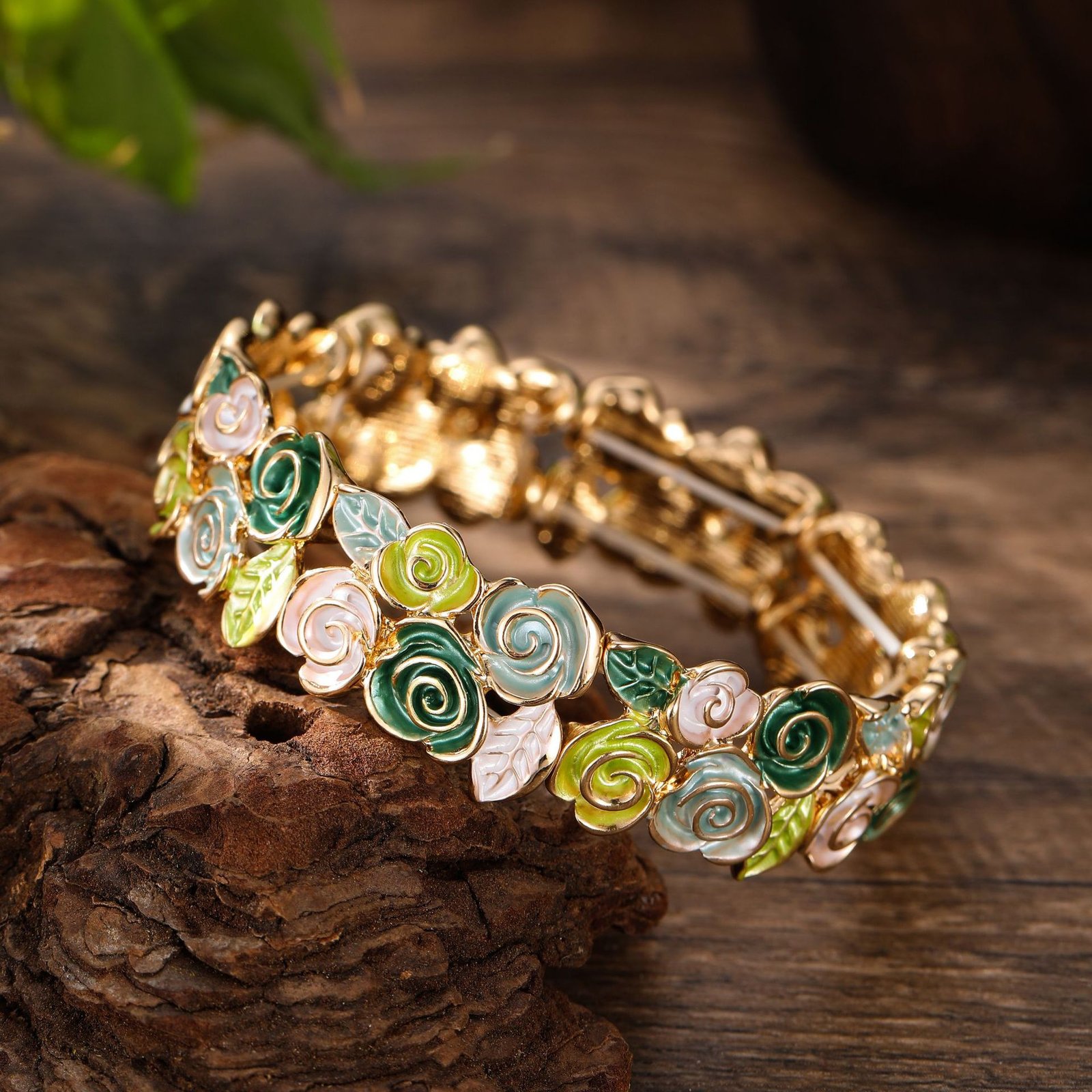 Enamel Rose Stretch Bracelet Gold Tone Red Floral Elastic Bangle For Women