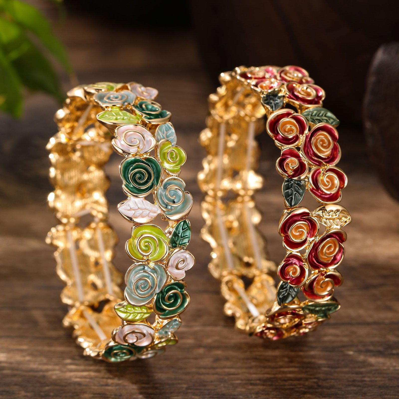 Enamel Rose Stretch Bracelet, Gold Tone Red Floral Elastic Bangle For Women Vintage Flower Statement Jewelry