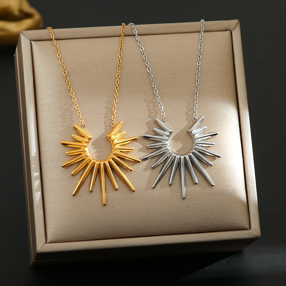 Gold Sunburst Pendant Necklace, 18K Gold Plated Half Sun Ray Statement Necklace For Women
