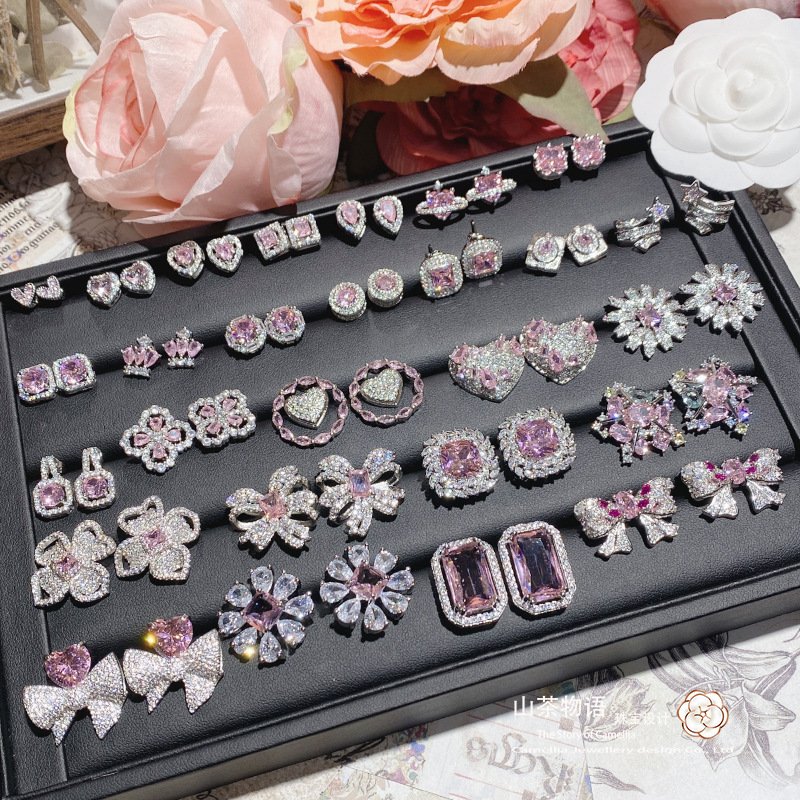 Pink Heart Cubic Zirconia Bow Earrings, Silver Tone Full Paved Rhinestone Statement Stud Earrings For Women