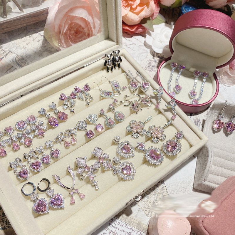 Pink Heart Zircon Drop Earrings, Flower CZ Dangle Earrings For Women