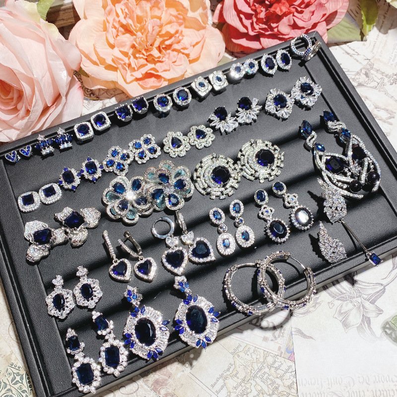 Blue Zircon Clover Stud Earrings | Four Leaf Clover Sapphire Silver Tone CZ Statement Earrings For Women Wedding Party