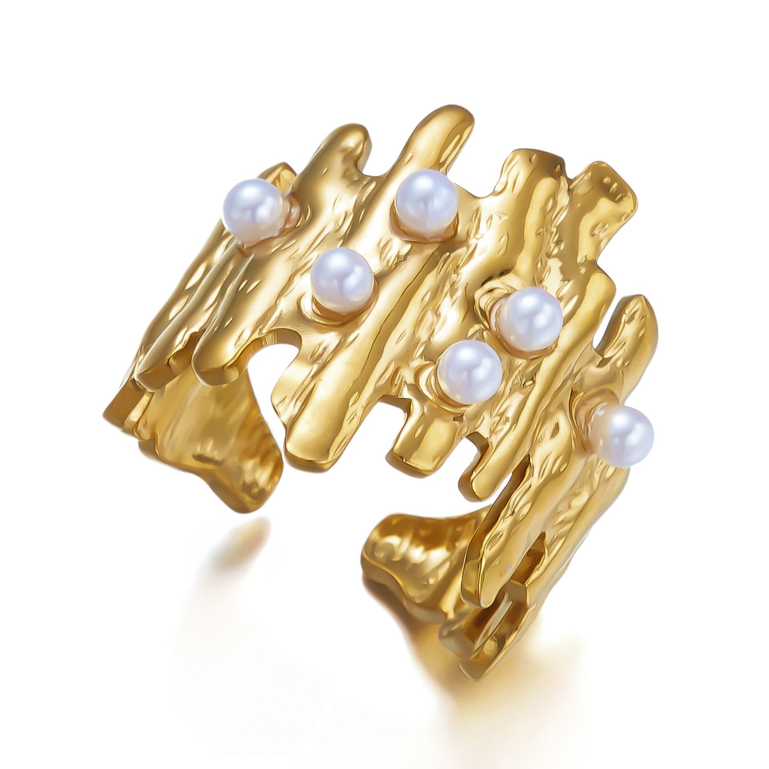 White Enamel Five Petal Flower Open Ring 18K Gold Plated Stainless Steel Statement Ring White Background