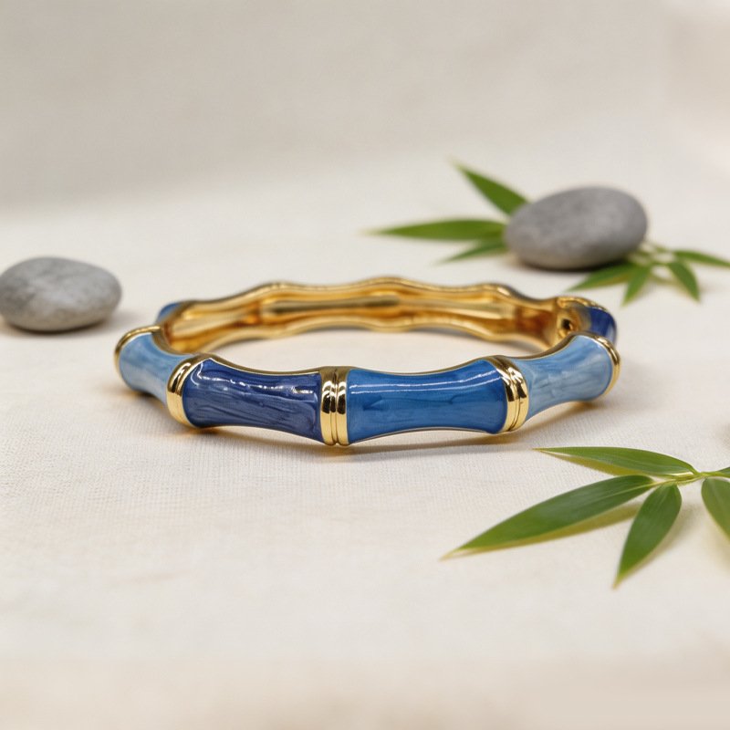 Bamboo Enamel Bangle Two Tone Dark Light Green Gold Plated Bracelet