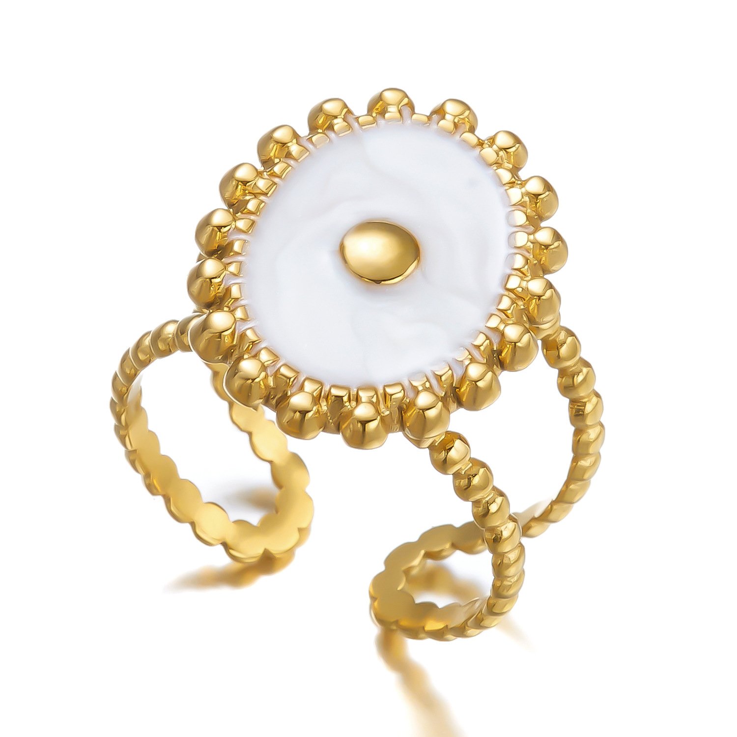 White Enamel Five Petal Flower Open Ring 18K Gold Plated Stainless Steel Statement Ring White Background