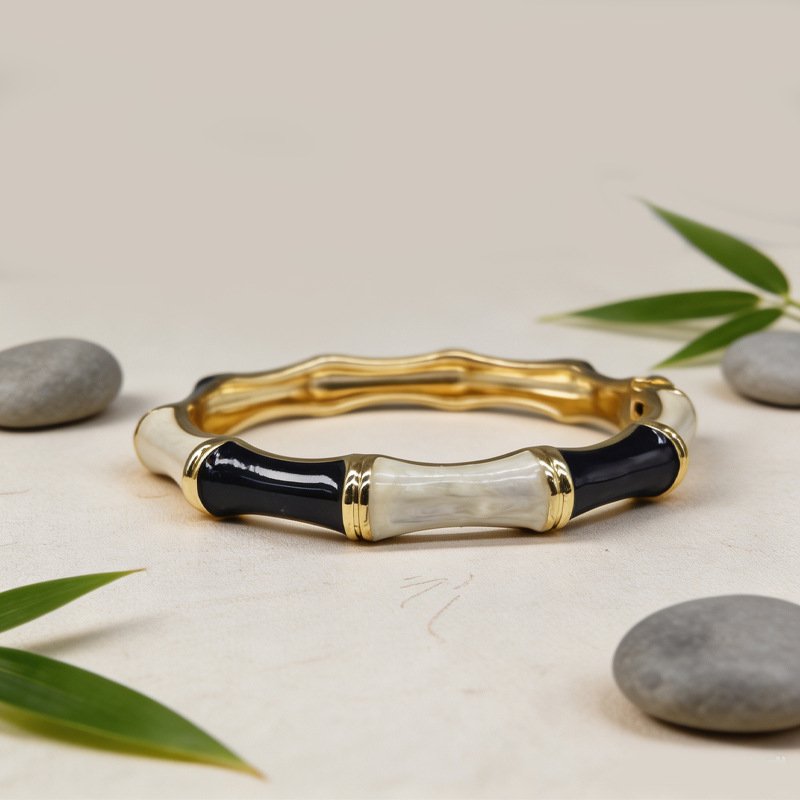 Bamboo Enamel Bangle Two Tone Dark Light Green Gold Plated Bracelet