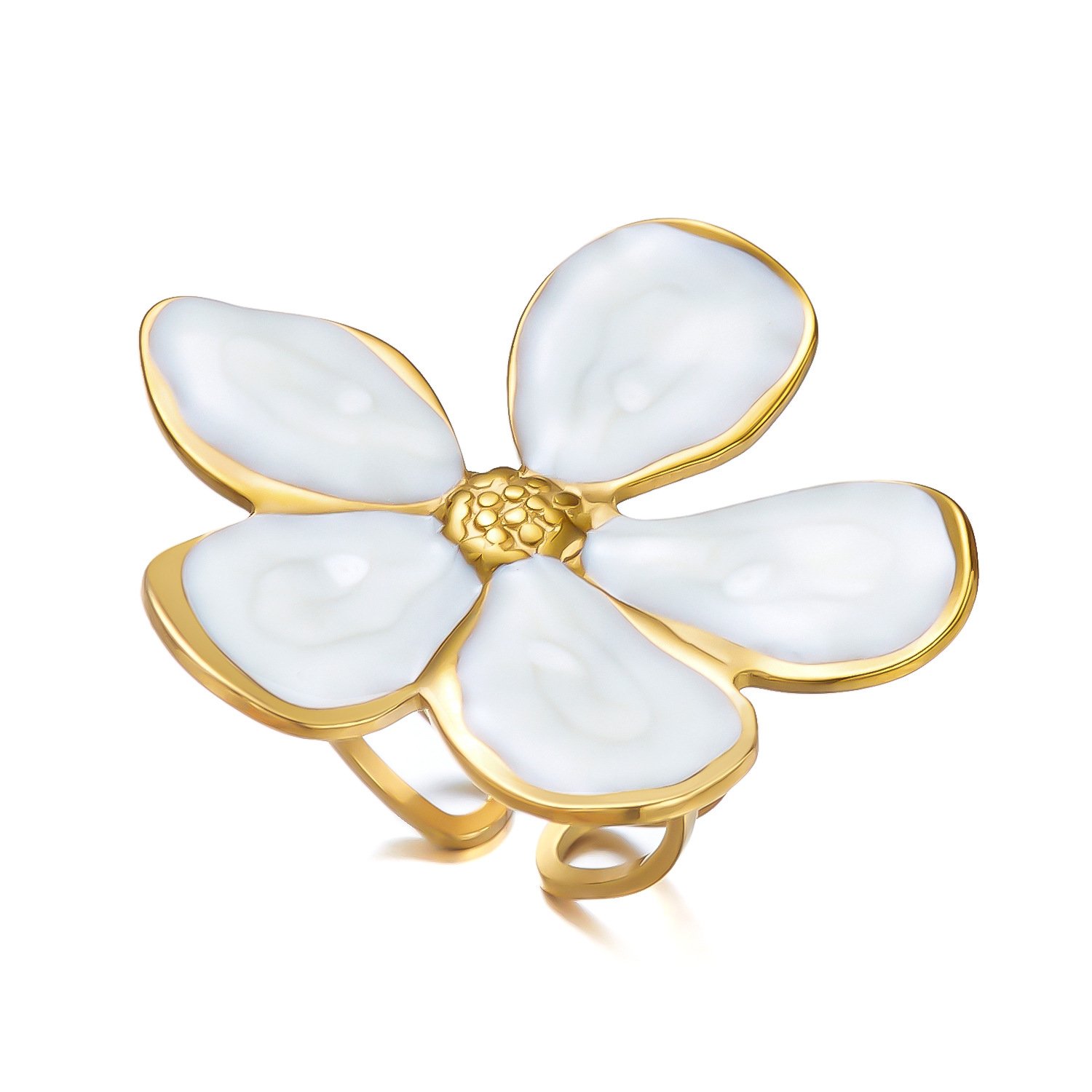 White Enamel Five Petal Flower Open Ring 18K Gold Plated Stainless Steel Statement Ring White Background