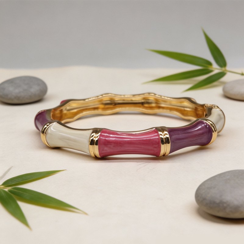 Bamboo Enamel Bangle Two Tone Dark Light Green Gold Plated Bracelet