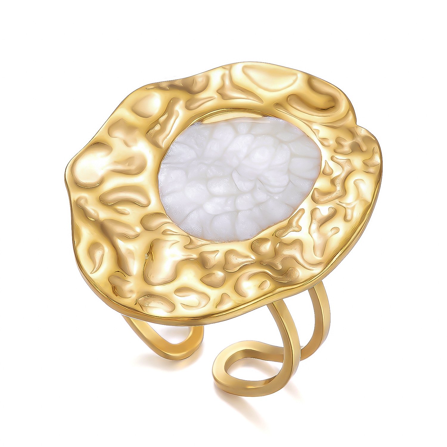 White Enamel Five Petal Flower Open Ring 18K Gold Plated Stainless Steel Statement Ring White Background