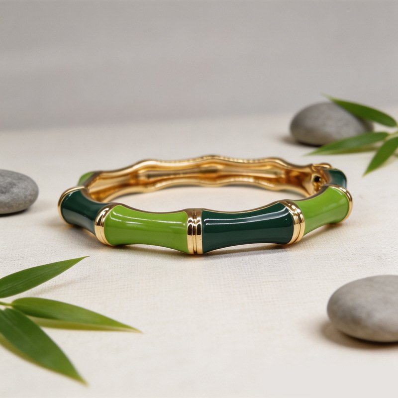 Bamboo Enamel Bangle Two Tone Dark Light Green Gold Plated Bracelet