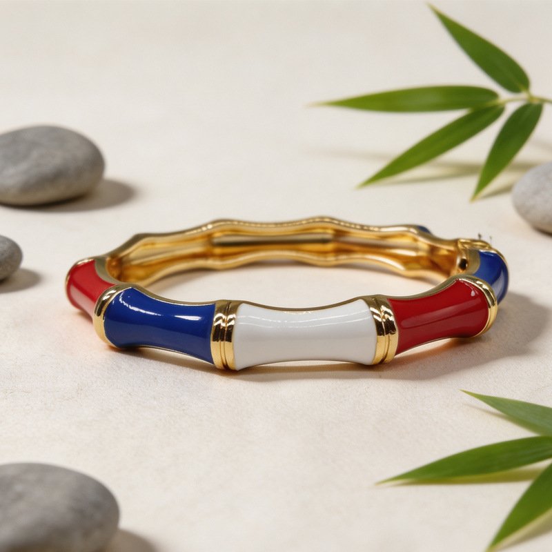 Bamboo Enamel Bangle Two Tone Dark Light Green Gold Plated Bracelet