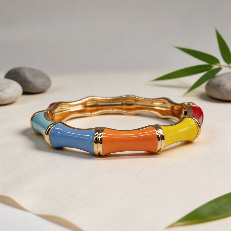 Bamboo Enamel Bangle Two Tone Dark Light Green Gold Plated Bracelet