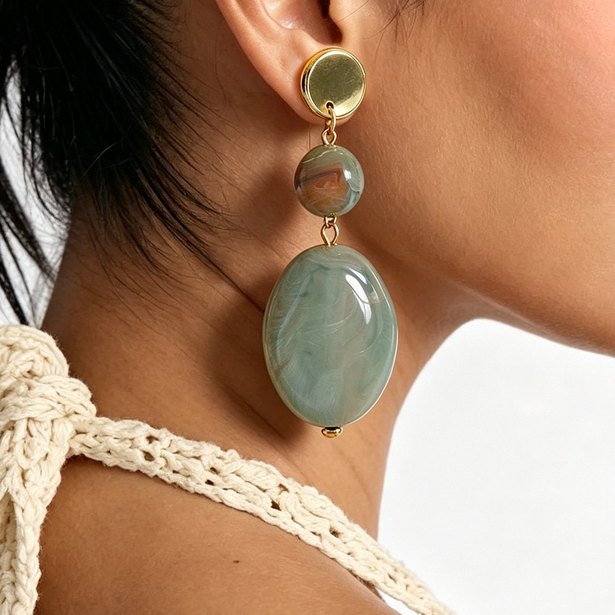 Brown Marble Swirl Resin Drop Earrings 18K Gold Plated Stacked Statement Earrings White Background