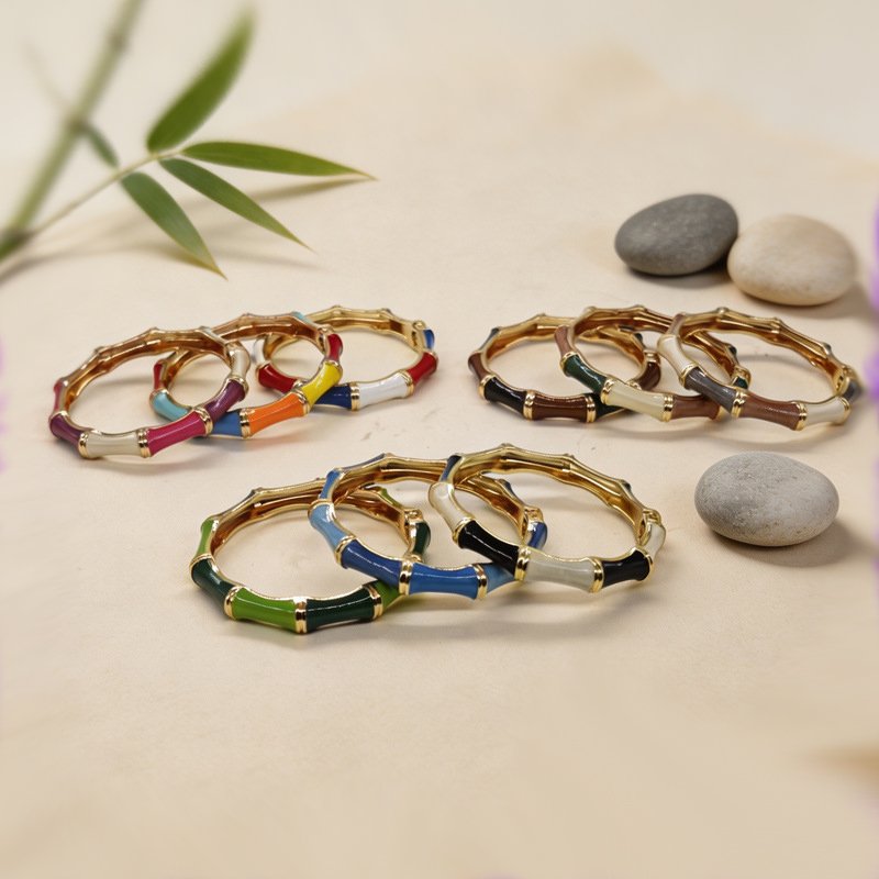 Bamboo Enamel Bangle For Women, Two Tone Green Gold Plated Hinged Bamboo Shape Bracelet