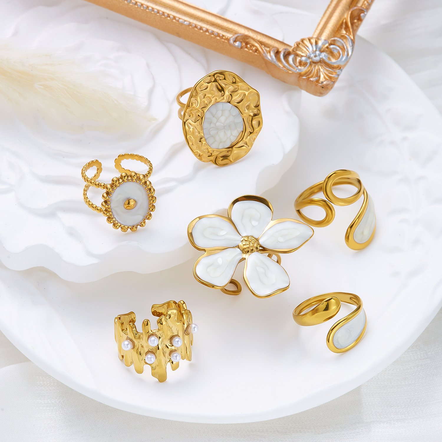 White Enamel Five Petal Flower Open Ring 18K Gold Plated Stainless Steel Statement Ring White Background
