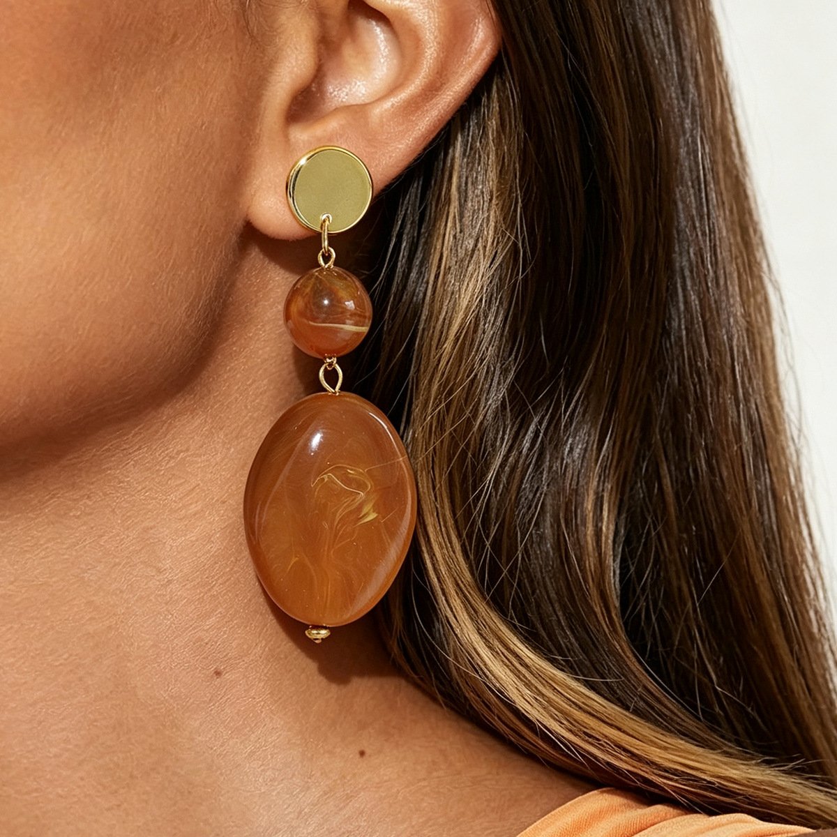 Brown Marble Swirl Resin Drop Earrings 18K Gold Plated Stacked Statement Earrings White Background