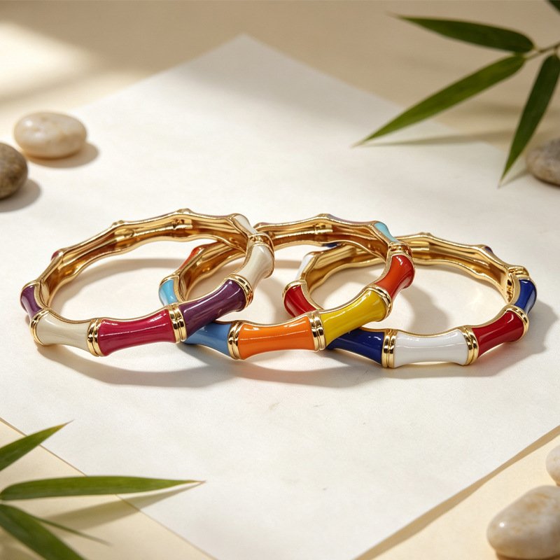 Bamboo Enamel Bangle Two Tone Dark Light Green Gold Plated Bracelet