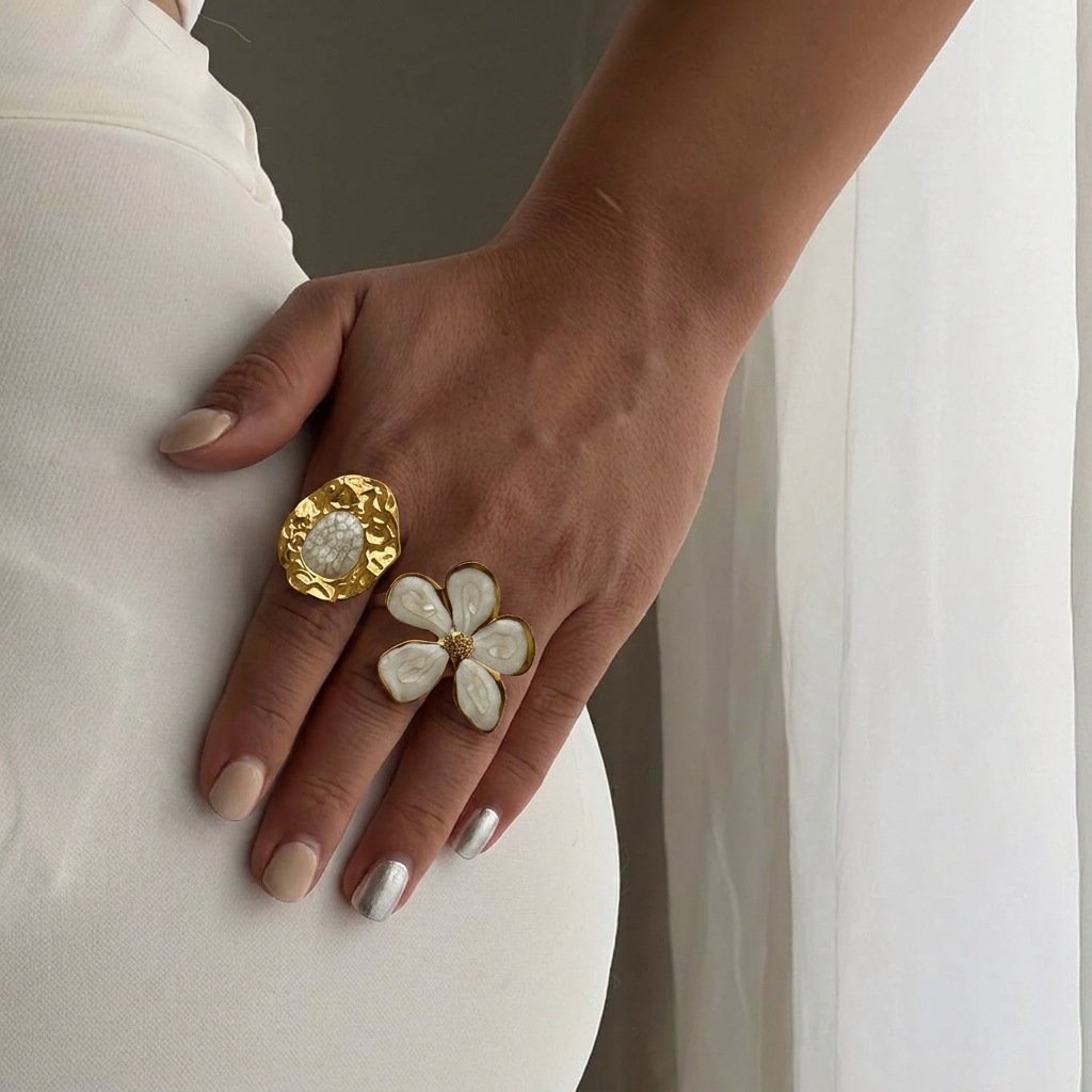 White Enamel Five Petal Flower Open Ring 18K Gold Plated Stainless Steel Statement Ring White Background