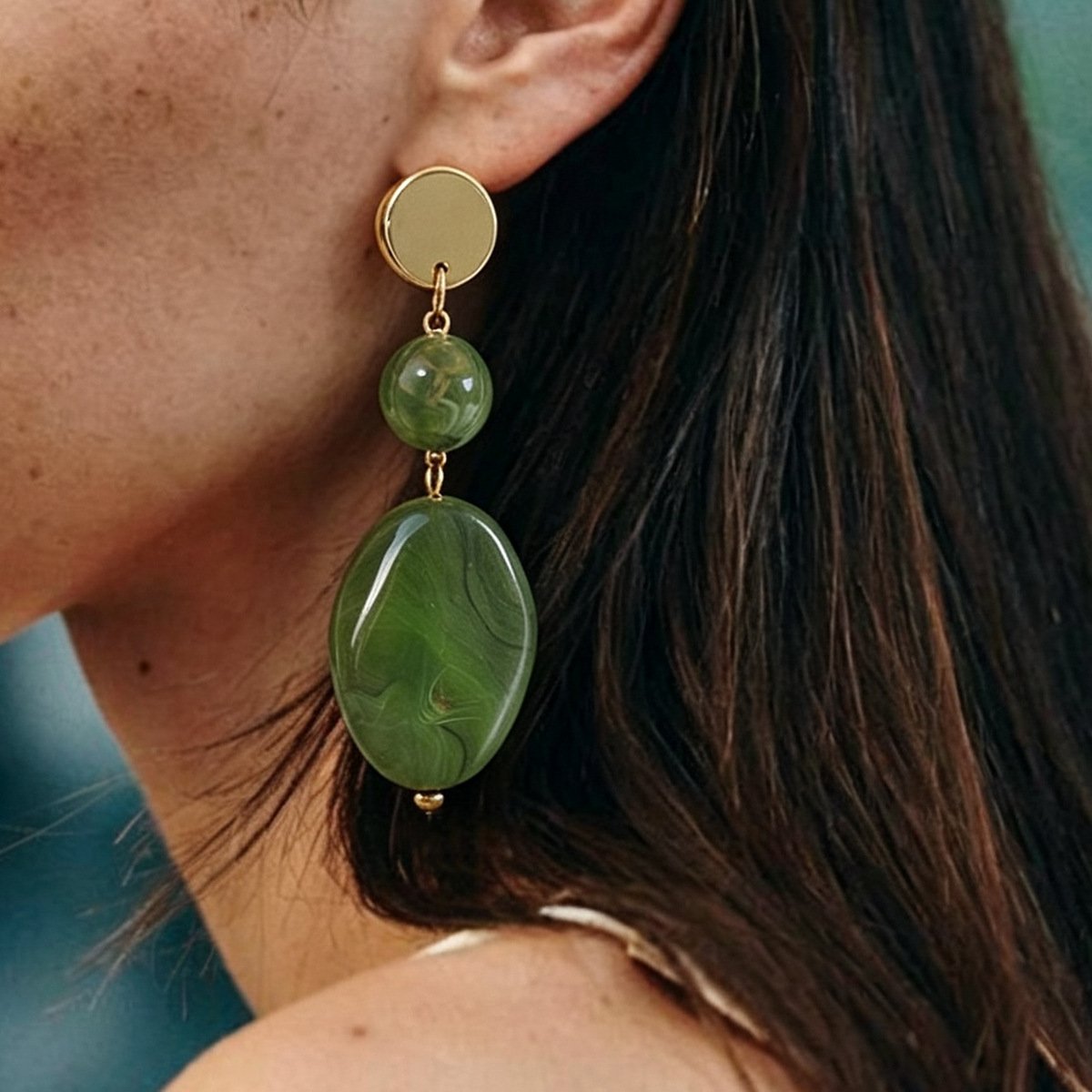 Brown Marble Swirl Resin Drop Earrings 18K Gold Plated Stacked Statement Earrings White Background