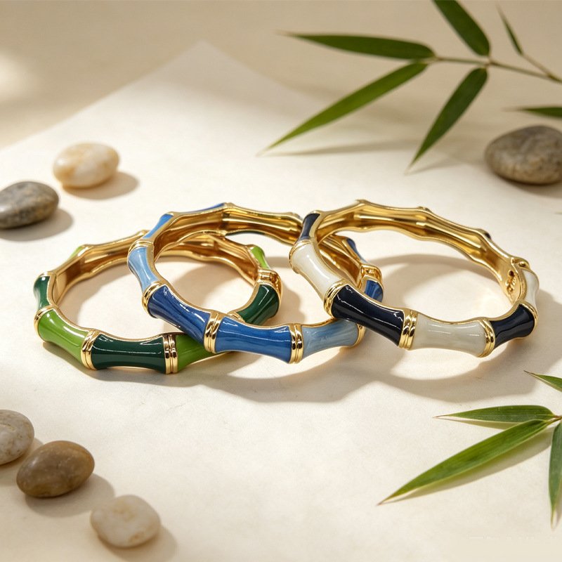 Bamboo Enamel Bangle Two Tone Dark Light Green Gold Plated Bracelet