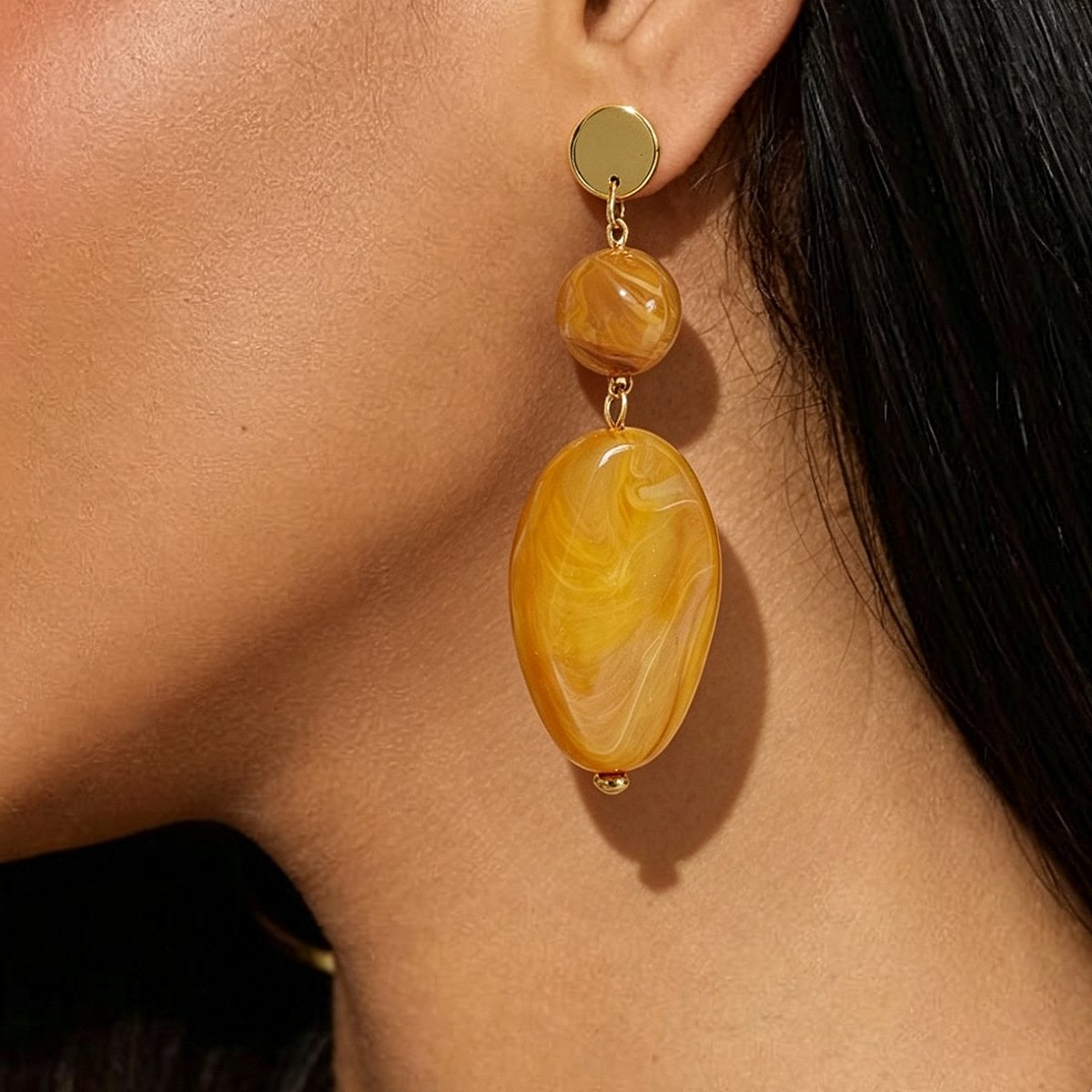 Brown Marble Swirl Resin Drop Earrings 18K Gold Plated Stacked Statement Earrings White Background