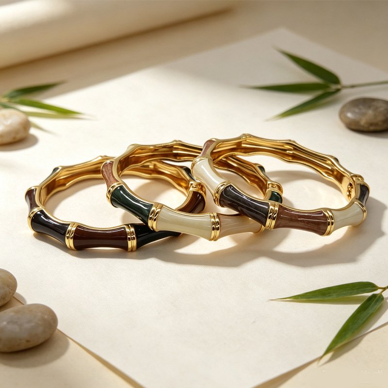 Bamboo Enamel Bangle Two Tone Dark Light Green Gold Plated Bracelet
