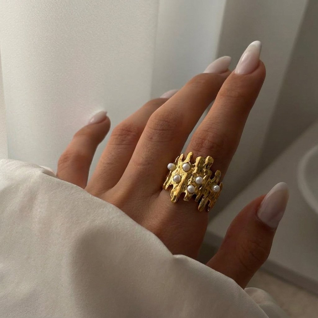 White Enamel Five Petal Flower Open Ring 18K Gold Plated Stainless Steel Statement Ring White Background