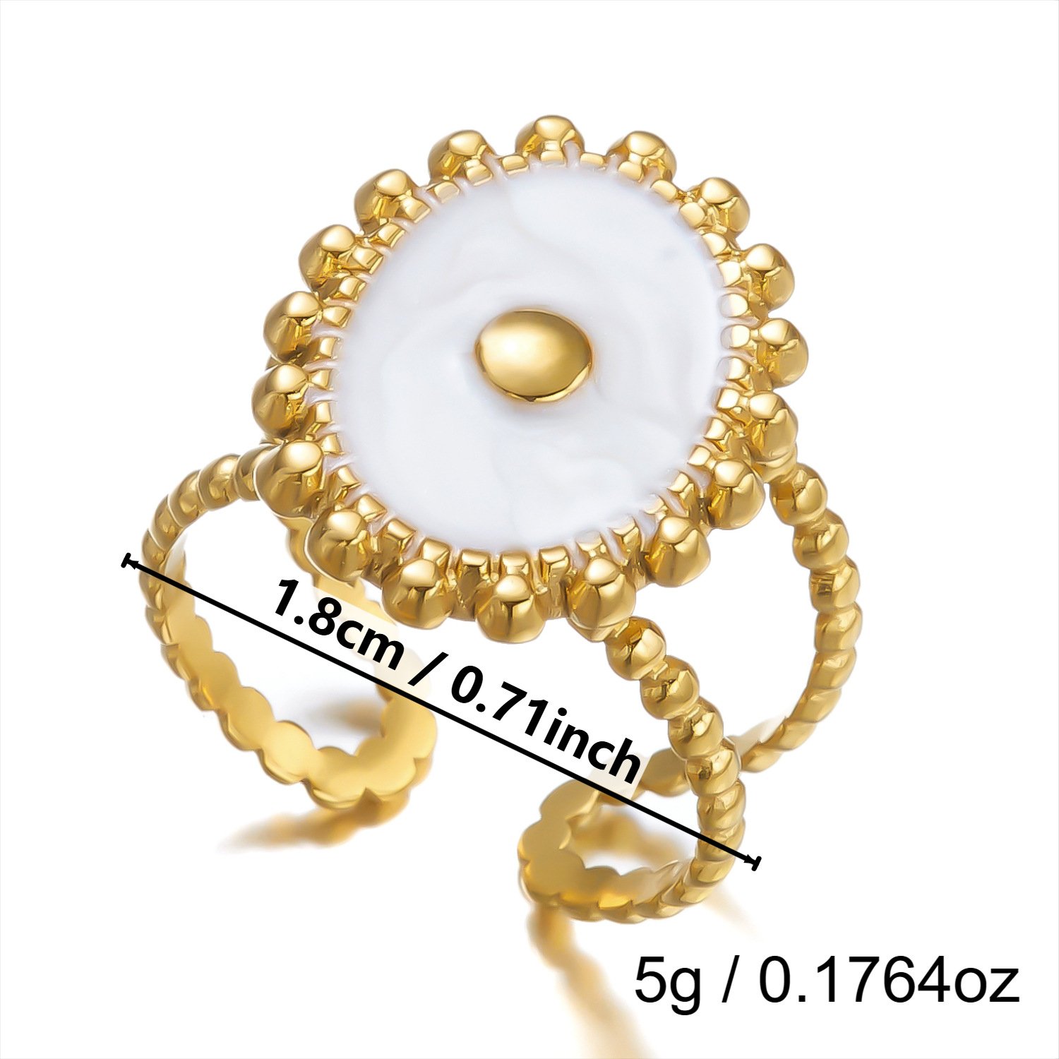 White Enamel Five Petal Flower Open Ring 18K Gold Plated Stainless Steel Statement Ring White Background