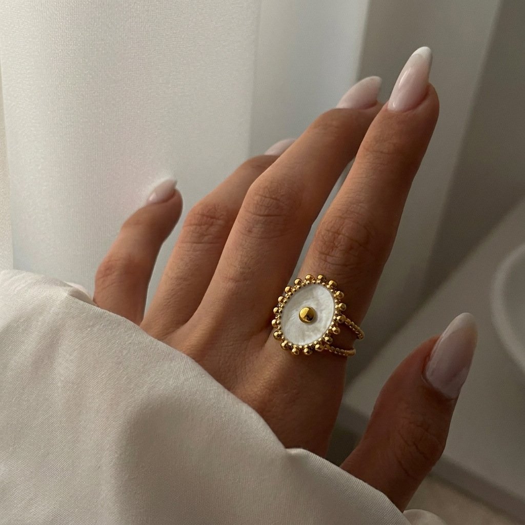 White Enamel Five Petal Flower Open Ring 18K Gold Plated Stainless Steel Statement Ring White Background