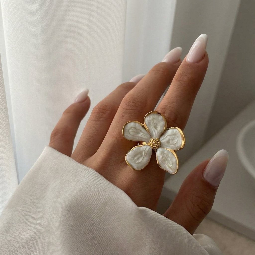 White Enamel Five Petal Flower Open Ring 18K Gold Plated Stainless Steel Statement Ring White Background