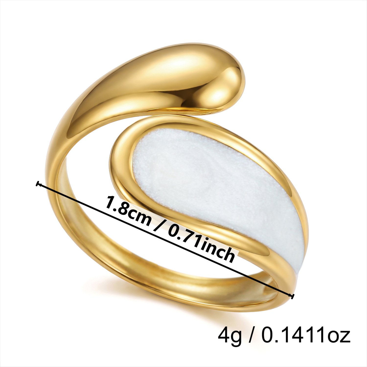 White Enamel Five Petal Flower Open Ring 18K Gold Plated Stainless Steel Statement Ring White Background