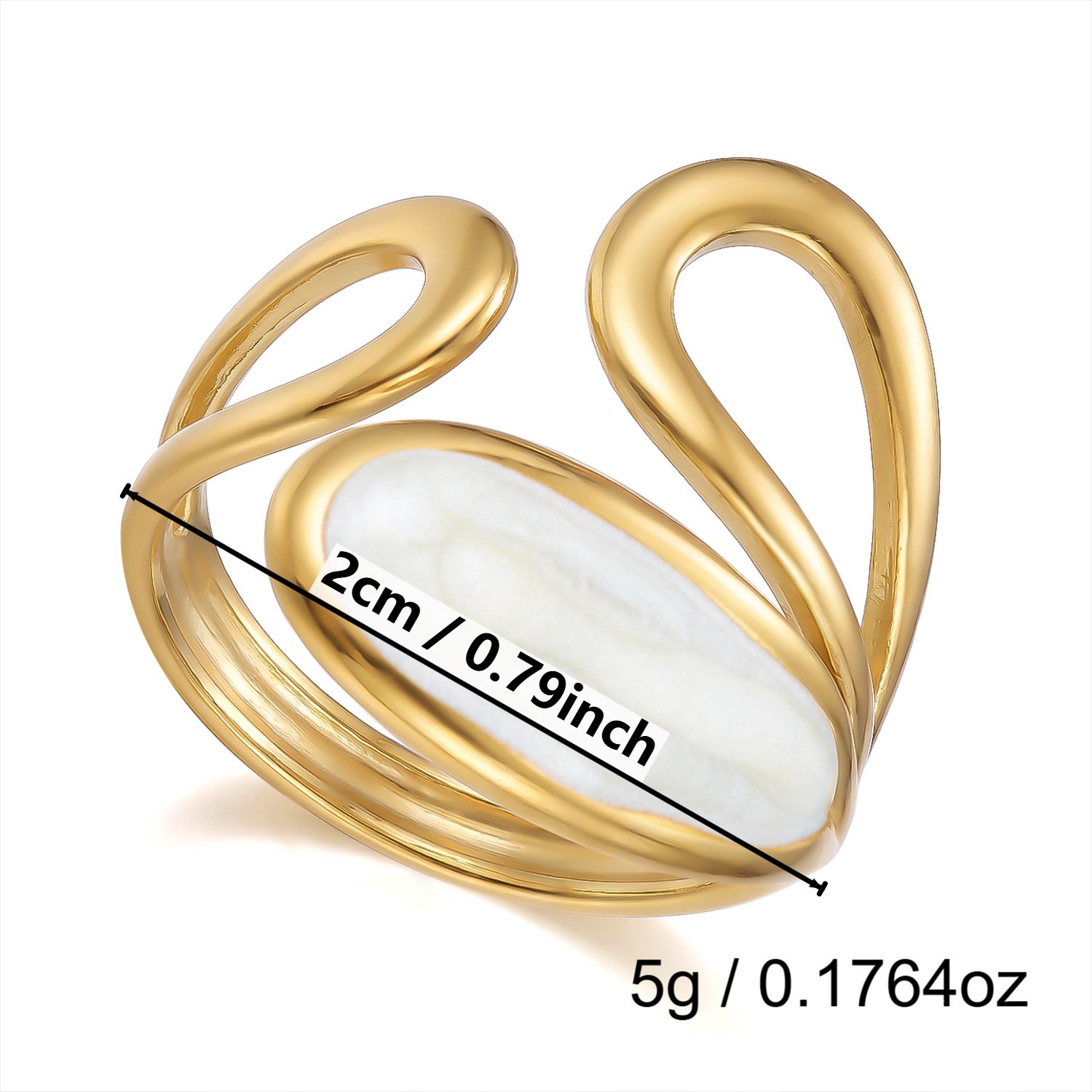 White Enamel Five Petal Flower Open Ring 18K Gold Plated Stainless Steel Statement Ring White Background