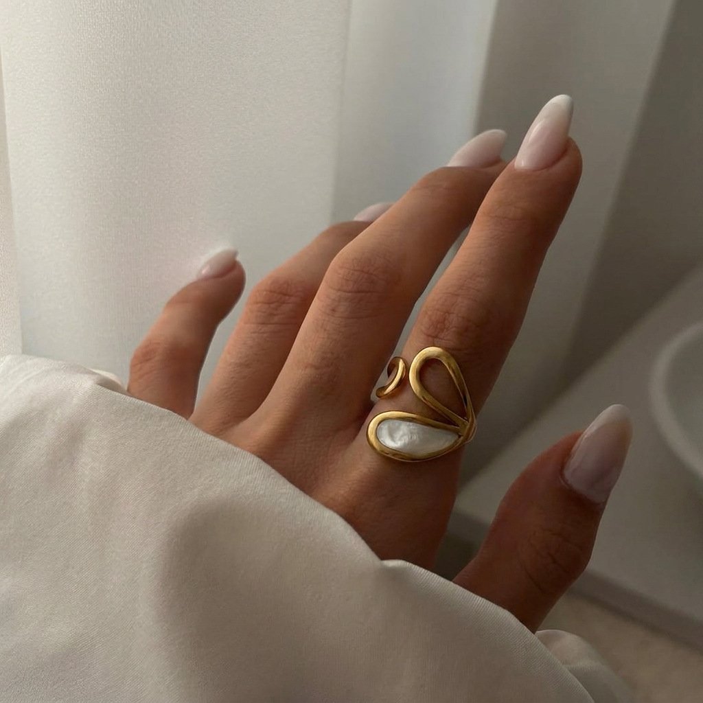 White Enamel Five Petal Flower Open Ring 18K Gold Plated Stainless Steel Statement Ring White Background